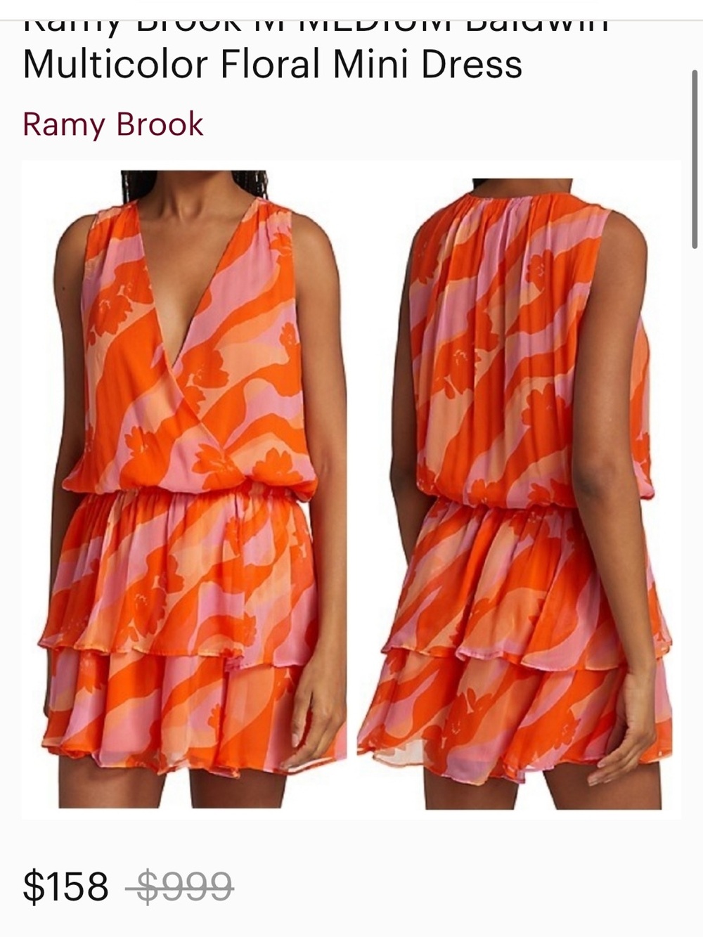 Ramy Brook MVibrant Orange & Pink Floral Surplice Tiered Mini Dress - Picture 2 of 2